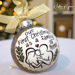 “Our First Christmas as a Family of Three” Personalized Ornament | Hand-Painted